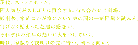 現代。ストックホルム。四人家族が久しぶりに再会する。待ちあわせは劇場。